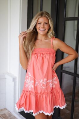 NWT~STRUT & BOLT~THESE THREE~Coral EMBROIDERED Mini SMOCKED Flounce DRESS~S~NEW!