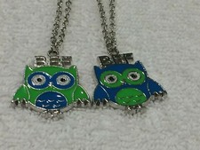 BFF Best Friend Blue Green Owl Charm 2 Necklaces, 2 Pendants Great Gift