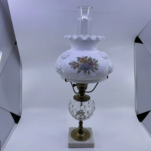 Fostoria American Rose Bowl Lamp With Original Chimney And Milk Glass Shade