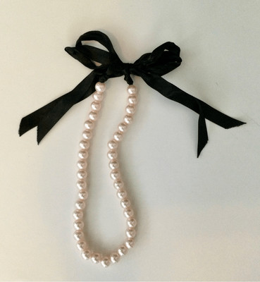 Handmade Womens Pink Faux Pearl Black Tie Ribbon Beaded Collar Necklace OS