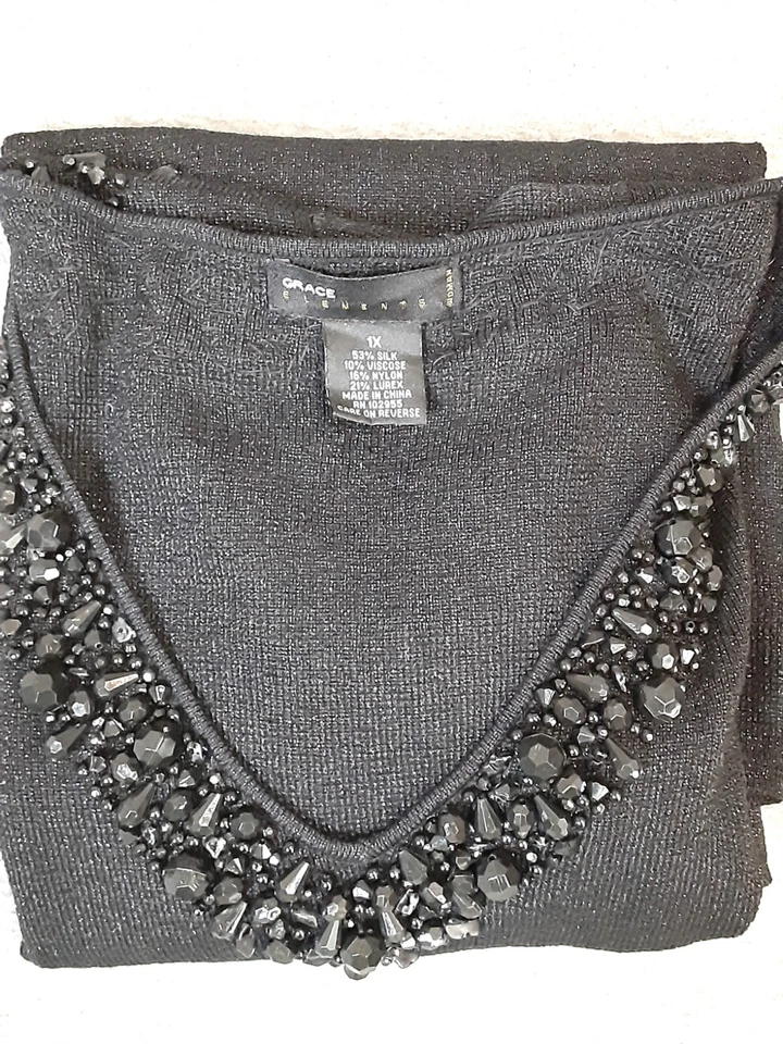 Top de mujer Grace Elements mezcla de seda talla 1x, negro, manga 3/4, pulóver Foto 2 de 4