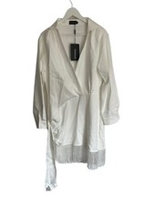PLT Prettylittlething White Fringe Hem Wrap Dress NWT Size 14 long Sleeve Tassel