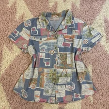 Vintage Travel Shirt Large Sag Harbor Sport Women’s Postcard Tourist Button Up