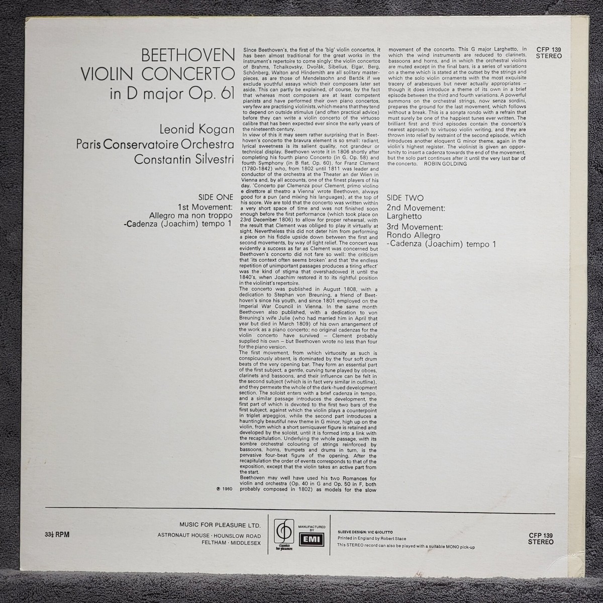 Beethoven Violin Concerto Kogan, Silvestri CFP 139 Vinyl NM