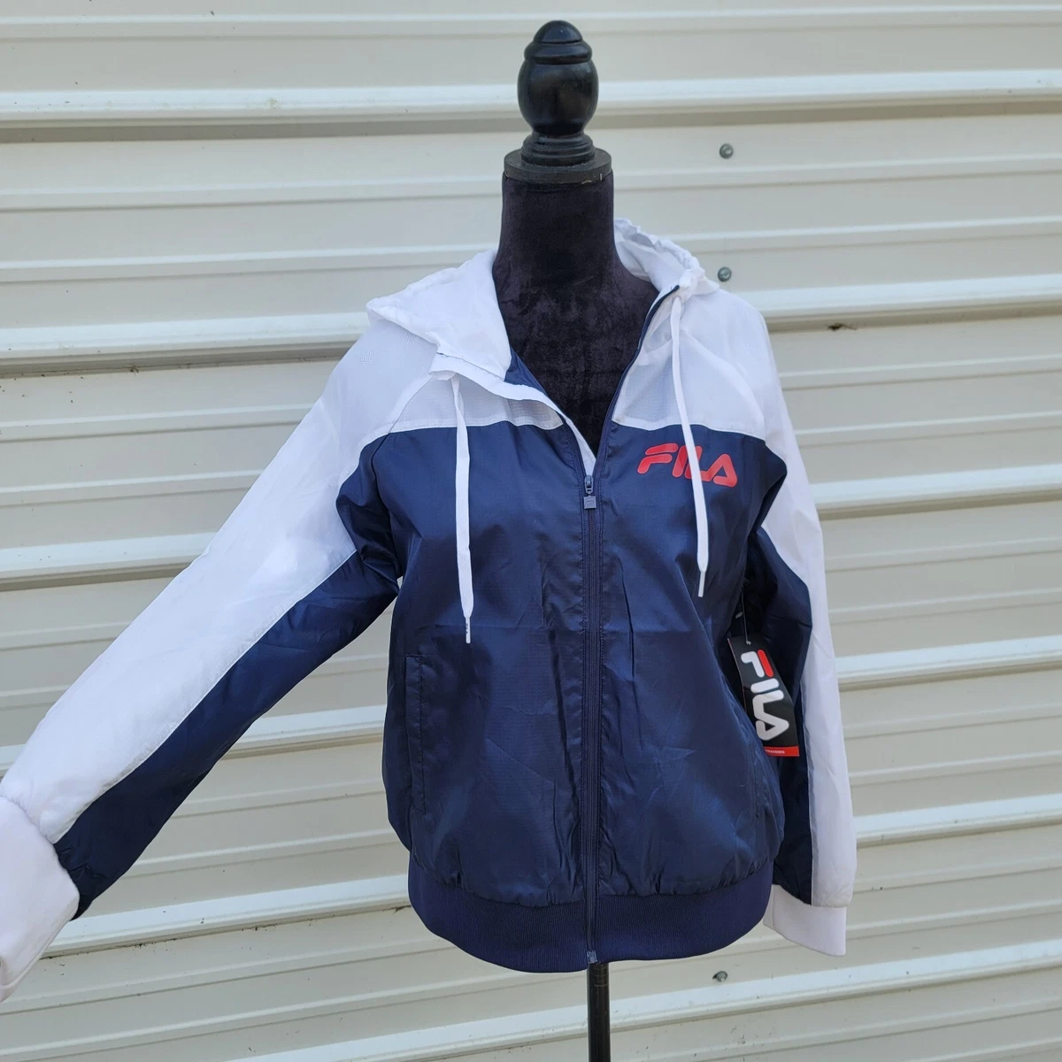 NWT Fila Sport Windbreaker Jacket Hooded Women s White Navy Blue Logo Full Zip L