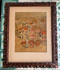 Vintage Mexican Folk Art popote straw art with hand carved wood frame  13" x 16"