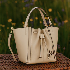 NEW Tory Burch McGraw Dragonfly Brie Cream Leather Drawstring Tote/Shoulder Bag