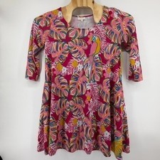 Simply Southern Pink Tropical Parrot Dress 3/4 Sleeve Pockets Womens Small
