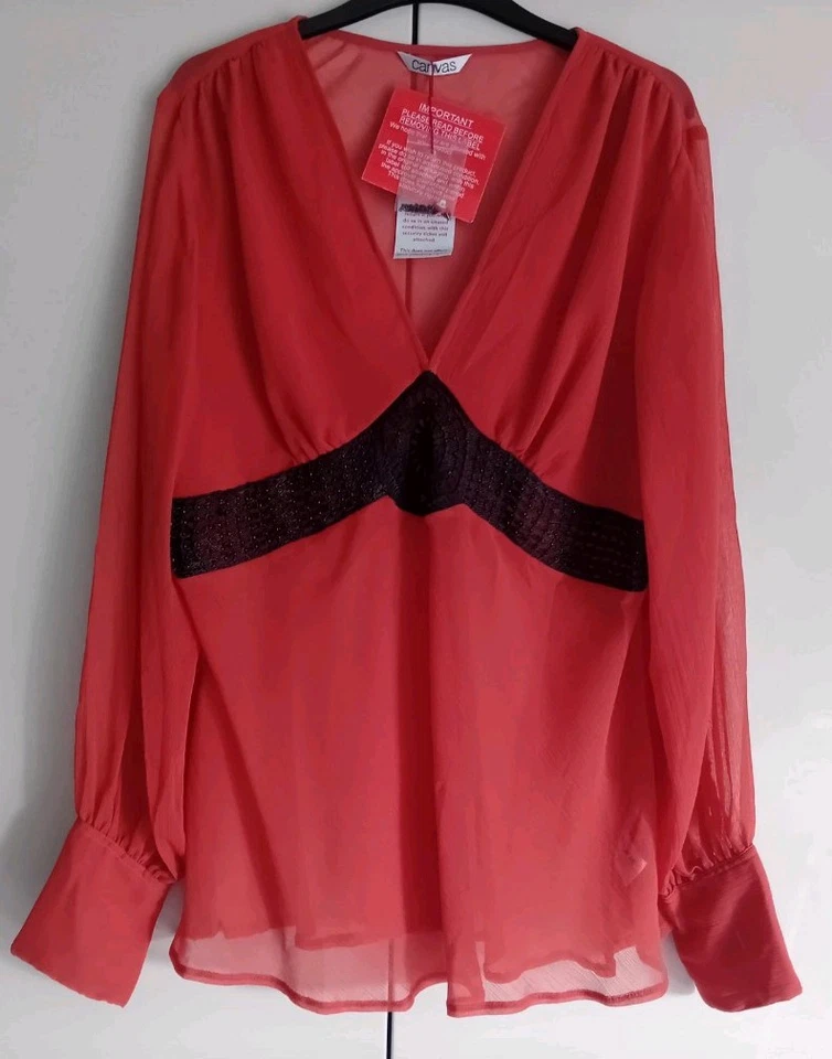 Canvas Coral Orange Long Sleeve Blouse with Black Embroidered Trim (16) - Image 1 of 4