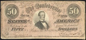 US Confederate Currency 1864 $50 Note Jefferson Davis Civil War Paper Money