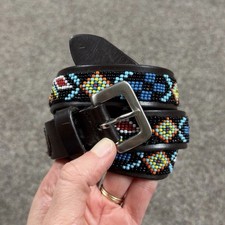 Vintage Leather Aztec Western Boho Beaded Belt Women  s L Silver Buckle 1  Thick