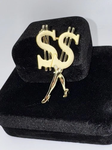 Vintage ASC Costume Jewelry Brooch Pin Money Dollar Sign $$ Novelty Gold Tone