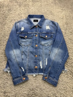 Risen Denim Jacket Women 2XL Distressed Sawtooth Crop Essential Trucker Coat