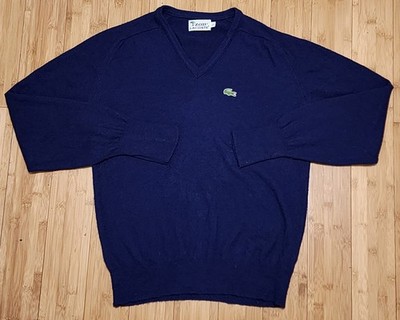Vintage 60s Izod Lacoste Sweater Men Large Knit V-neck Pullover Navy Blue Casual
