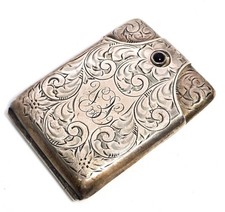 Victorian etched flower hinged antique sterling silver match card safe red butto