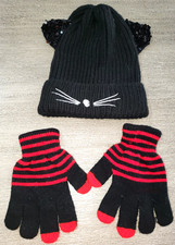 girls BLACK CAT WINTER KNIT HAT SEQUIN EARS FACE RED BLACK GLOVES SUPER COND 