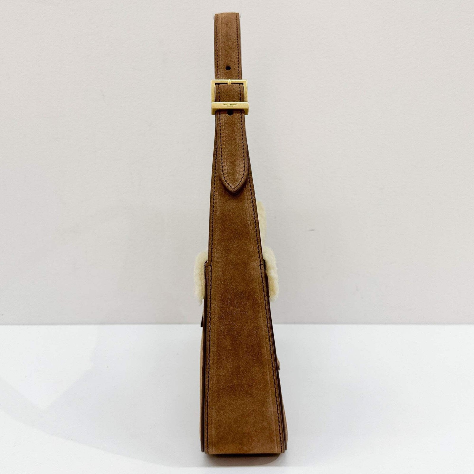 SAINT LAURENT Fur Trim Brown Suede Shoulder Bag thumbnail 6