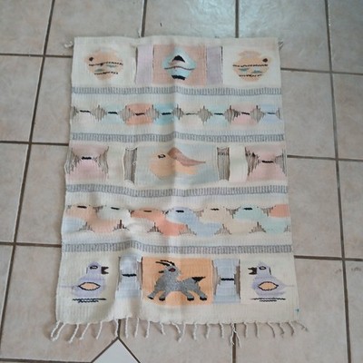 Vintage American Wool Weave Rug-Native-Handmade-Animals Cooking-White-38.5 x 29''