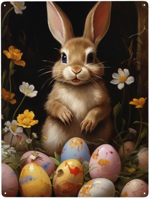 Easter Eggs And Rabbits Tin Metal Signs Home Décor 8x12 Classic Festival Art Wal