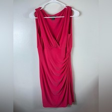 Lauren Ralph Lauren Dress Sleeveless Size 10 Dark Pink Faux Wrap Ruched V-Neck