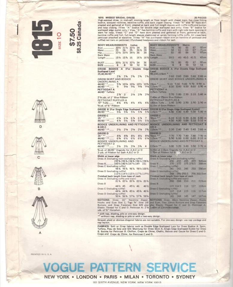 BRIDAL GOWN, Formal Dresses Ms. Sz. 10 VOGUE 1815 Sewing Pattern UNCUT '70-'80s - Image 4 of 4