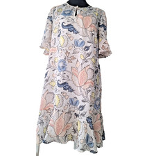 Ann Taylor LOFT White Floral Shift Dress Gold Thread Specks Flutter Sleeves Sz M