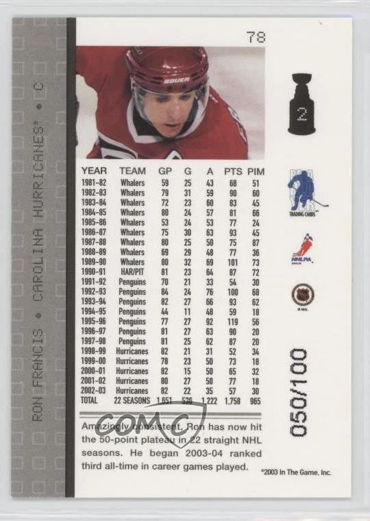 2003-04 ITG Be A Player Memorabilia Sapphire /100 Ron Francis #78 HOF - Image 2 of 2