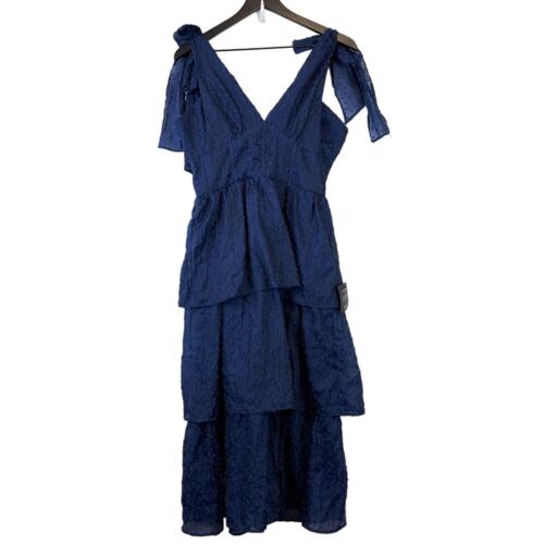 NWT Lulus Size M Maxi Long Swiss Dot Tie Sleeves Tiered Dress Navy Blue