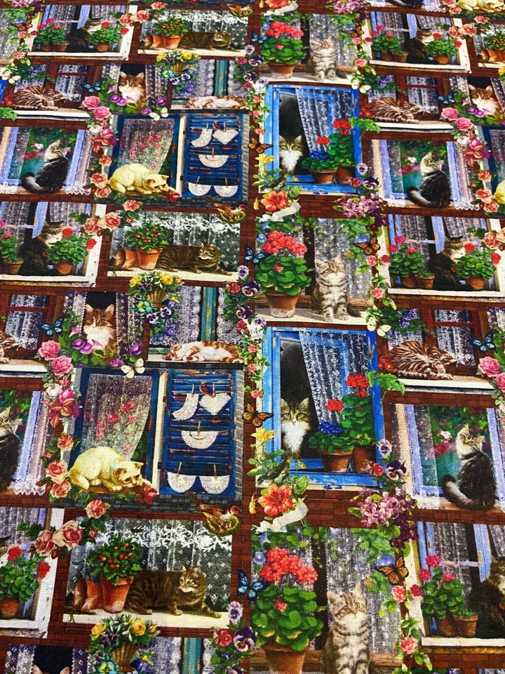 Stoff Meterware Baumwollstoff 110 cm Patchwork Blumen Katzen Fenster Rosen Bunt - Bild 3 von 4