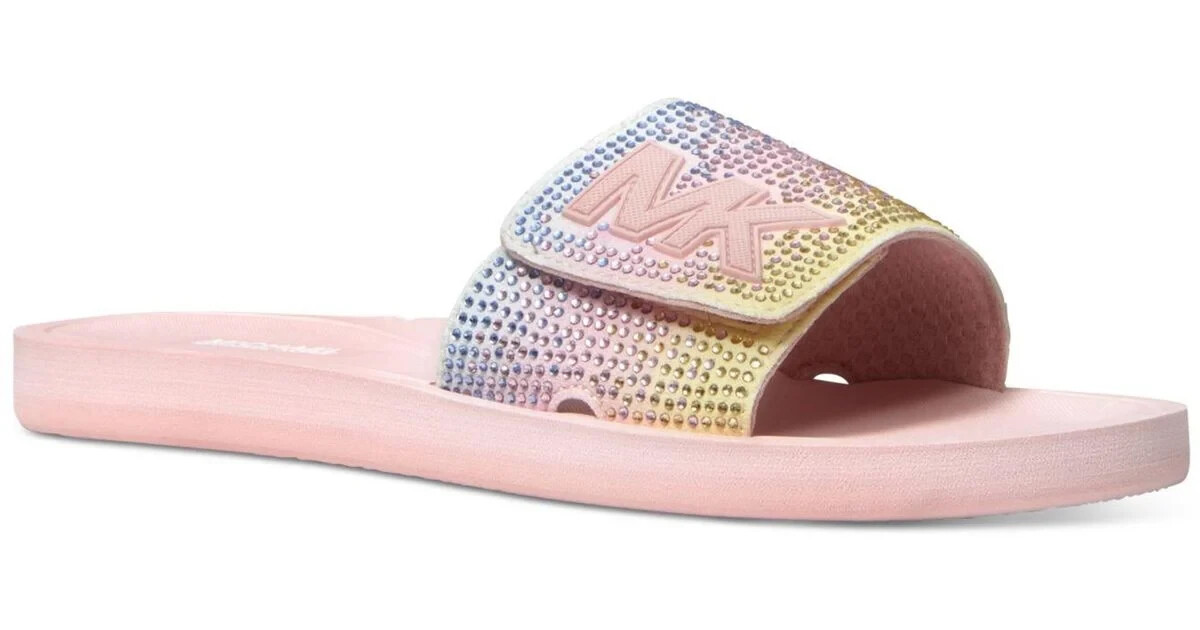 MICHAEL KORS SMOKY ROSE CRYSTAL GLITTER MK LOGO POOL SLIDES 11 I