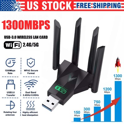 1300Mbps 2.4G/5G Dual Band Wireless USB 3.0 WiFi Adapter Network Card Dongle US