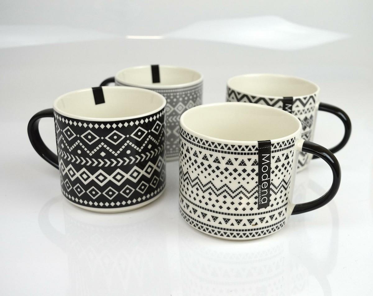 Set Of 4 Stacking Mugs Coffee Tea Cups Aztec Black