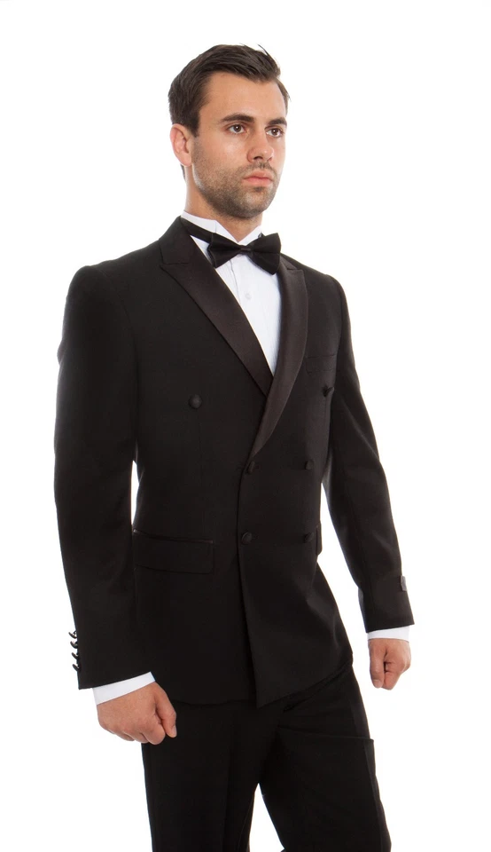 Men's Slim Fit Double Breasted Tuxedo Satin Peak Lapel Formal Grooms Tux Suit - Image 2 of 4