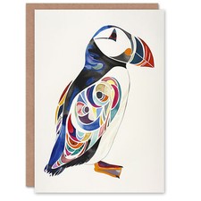 Puffin Bird Bright Colourful Pattern Folk Art Birthday Card