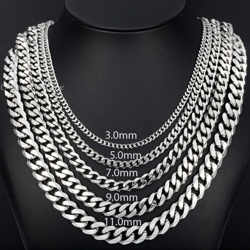 3/5/7/9/11mm Silver Tone Mens Necklace Stainless Steel Chain Curb Link 18"-36''