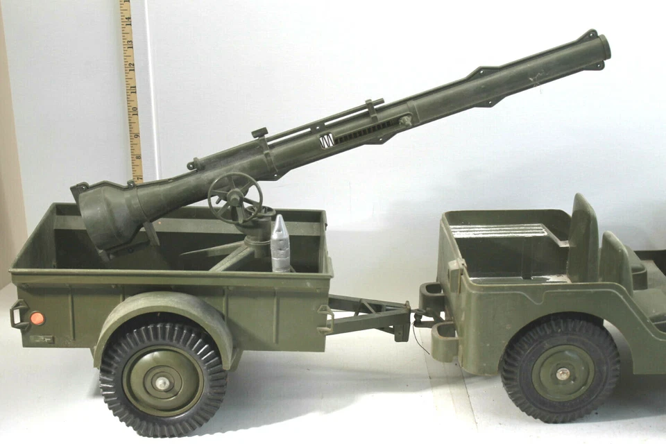 Vintage 1950s Marx Toys MAR US Plastic Army Jeep + Trailer + Cannon w/ Shell USA Foto 2 de 4