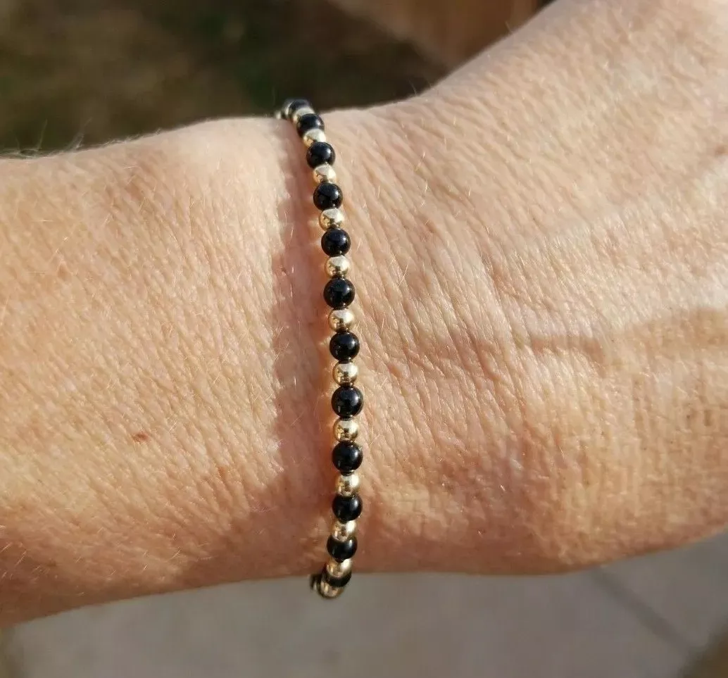 14K SOLID Yellow White Rose GOLD 3mm Black ONYX Bead Bracelet +Customize