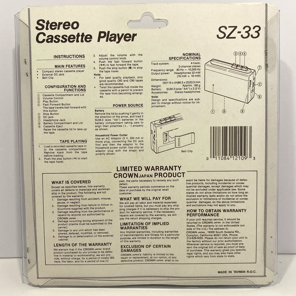 Crown Reproductor de Cassette Estéreo Talla 33 Gris Reproductor de Cinta Nuevo en Caja Foto 2 de 4