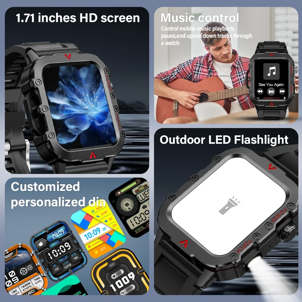 New Men'S Smart Watch LED Flashlight Outdoor Sports Smart Watch Wristwatch Healt