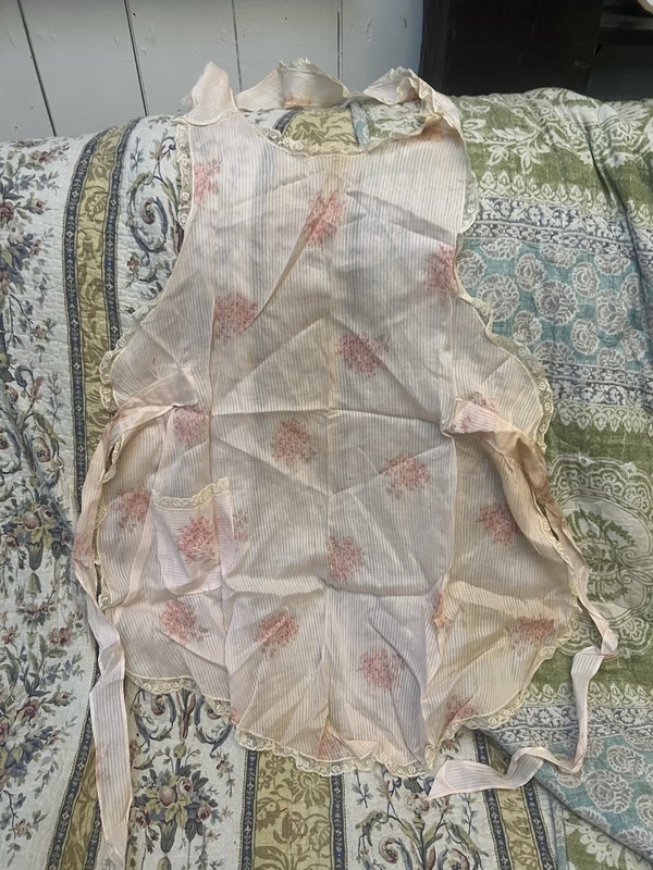 Vintage 1950s Floral Bib Apron Pink Picture ￼ Light Weight Vtg