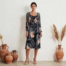 Floral Dress Laura Scott Midi Shift Round Neck Long Sleeve US 4 Casual