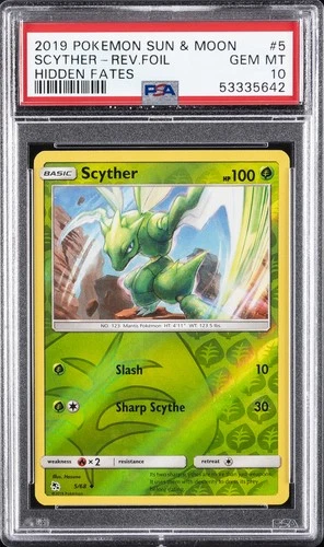 2019 POKEMON SUN & MOON HIDDEN FATES #5 SCYTHER-REVERSE FOIL PSA 10