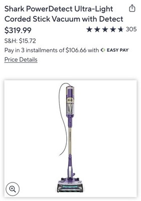 Shark PowerDetect Ultra-Light Corded Stick Vacuum with Detect Retails For 320.00