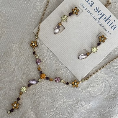 Lia Sophia Jewel Box Necklace Earring Antique GoldTone Flowers Complete Rare Set