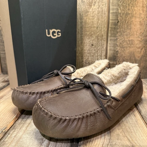 UGG OLSEN PANTOFOLA UOMO US 9 MOCASSINO PELLE MARRONE CHIARO MOCASSINO LANA DI PECORA EUR 42
