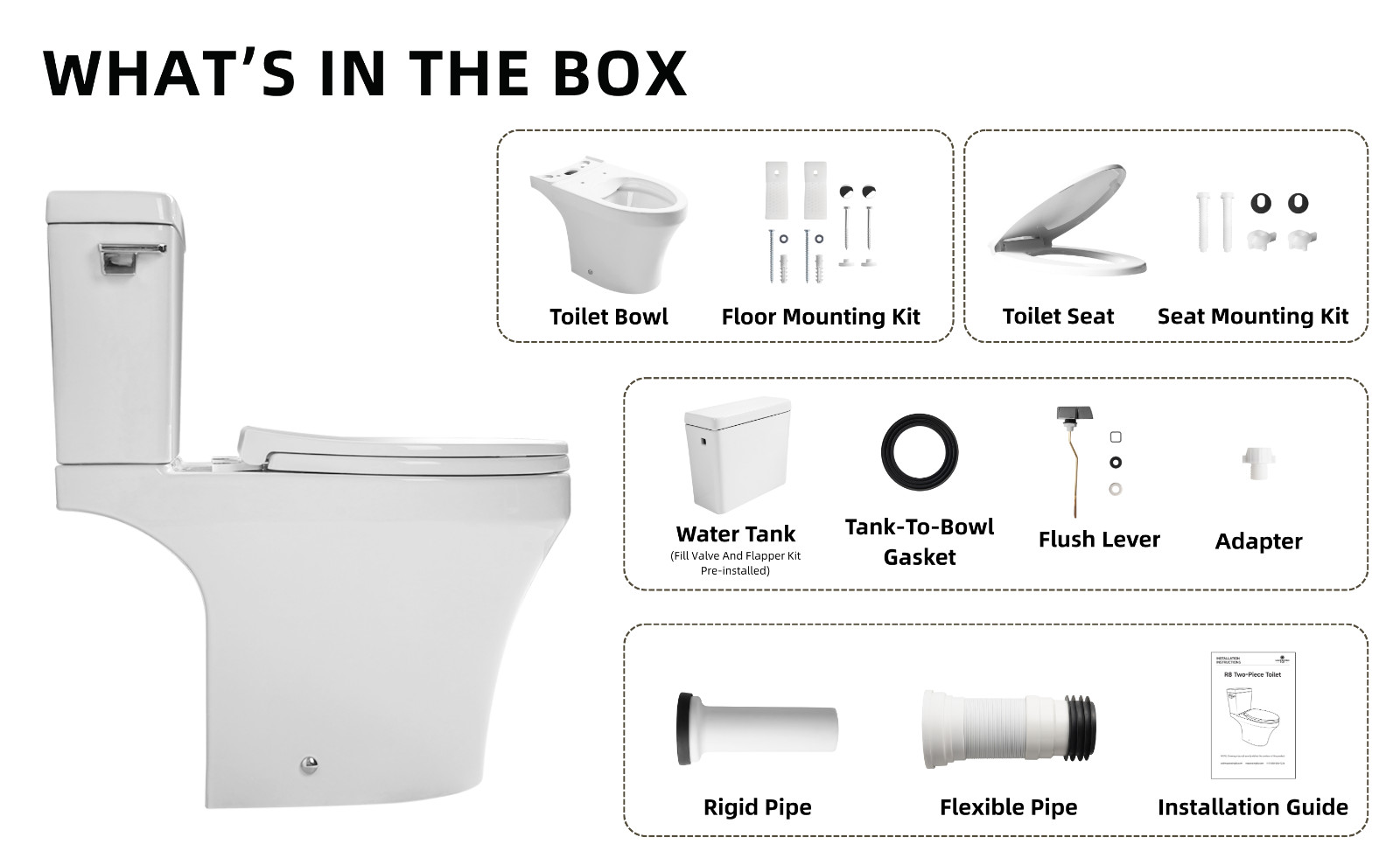 Rear Outlet Toilet Two Piece with 1.28 GPF Rimless Flush and 18'' Chair Height