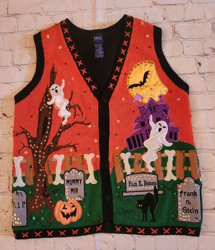 Vtg Basic Editions Cat Bat Pumpkin Halloween Sweater Vest Size Small