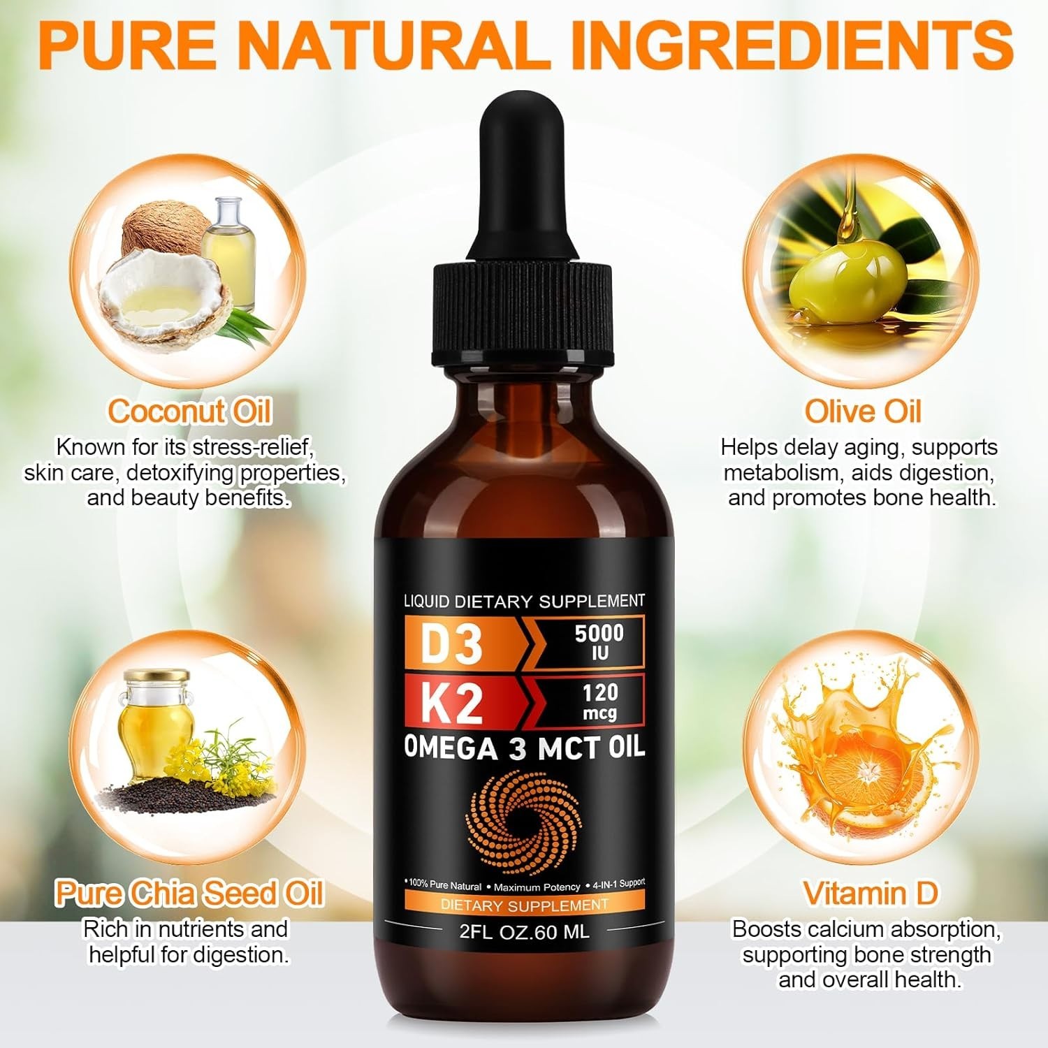 Liquid Vitamin D3 K2 5000 iu & 120 mcg - Vitamin D with MK7 Vitamin K2 Drops - B