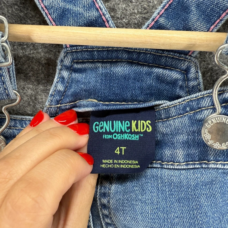 Genuine Kids Overall Shorts Girls 4T Blue Denim Light Wash Floral Embroidered - Image 3 of 4