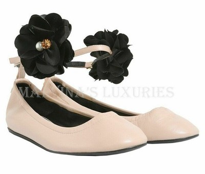 LANVIN SHOES BALLET FLATS NUDE LEATHER BLACK FLOWER DETAIL sz 36.5 US 6